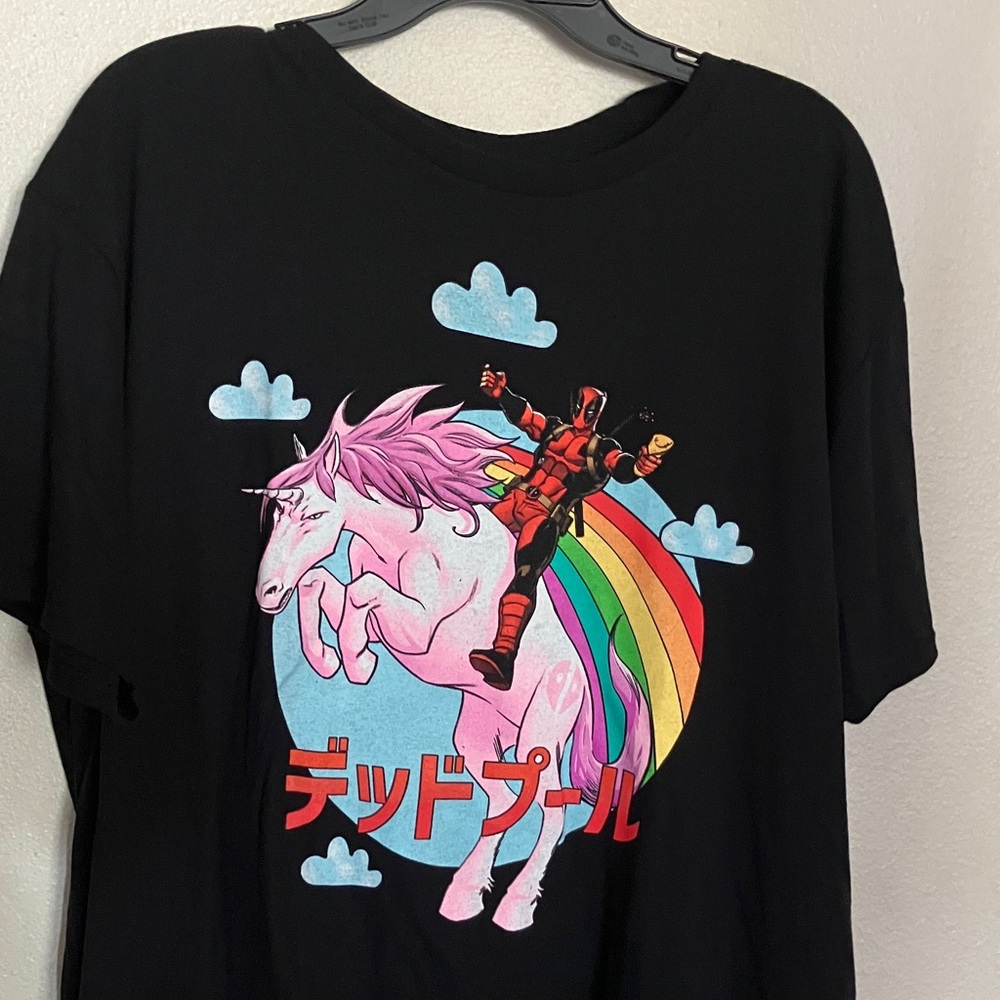 Marvel Black T-Shirt with‎ Deadpool and Unicorn Graphic NWOT